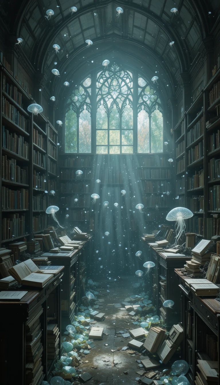 Surreale Bibliothek mit schwebenden Wasserbüchern im staubigen Licht