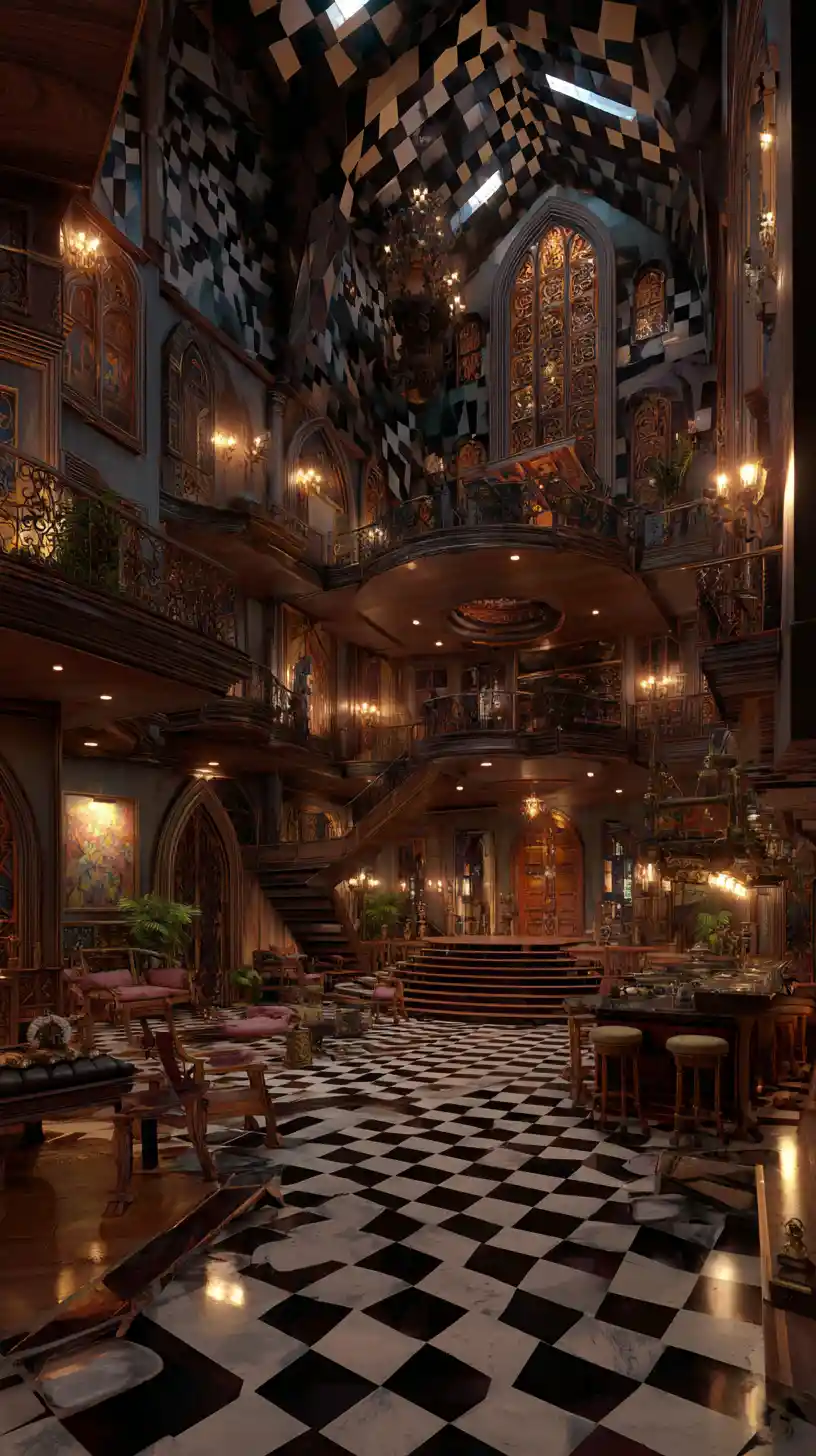 Surreal grand mansion interior with impossible architectural details