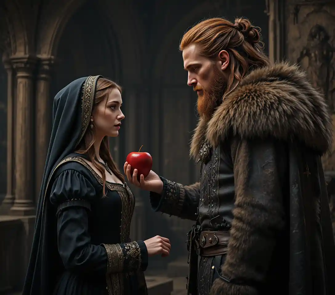 Viking man offering apple to woman in medieval room