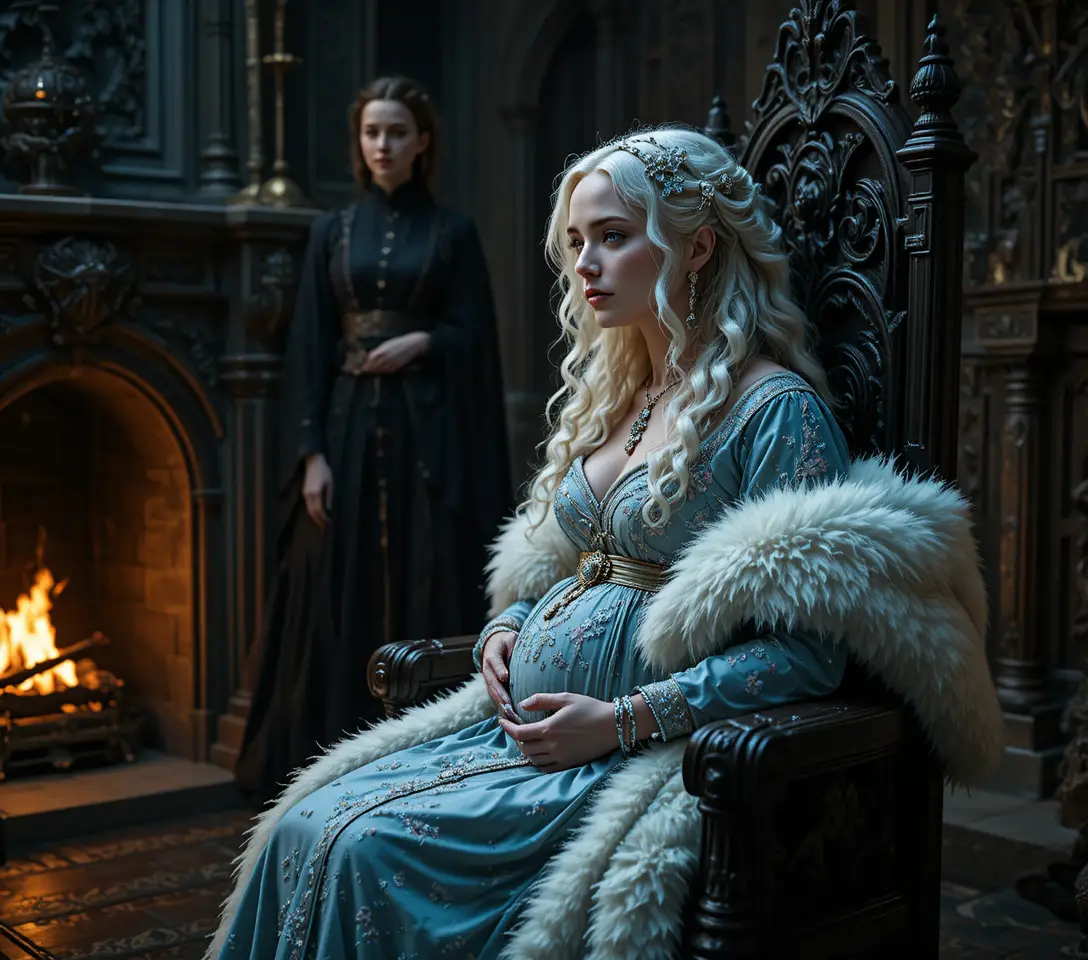 Pregnant noblewoman resting in a dark gothic palace chamber