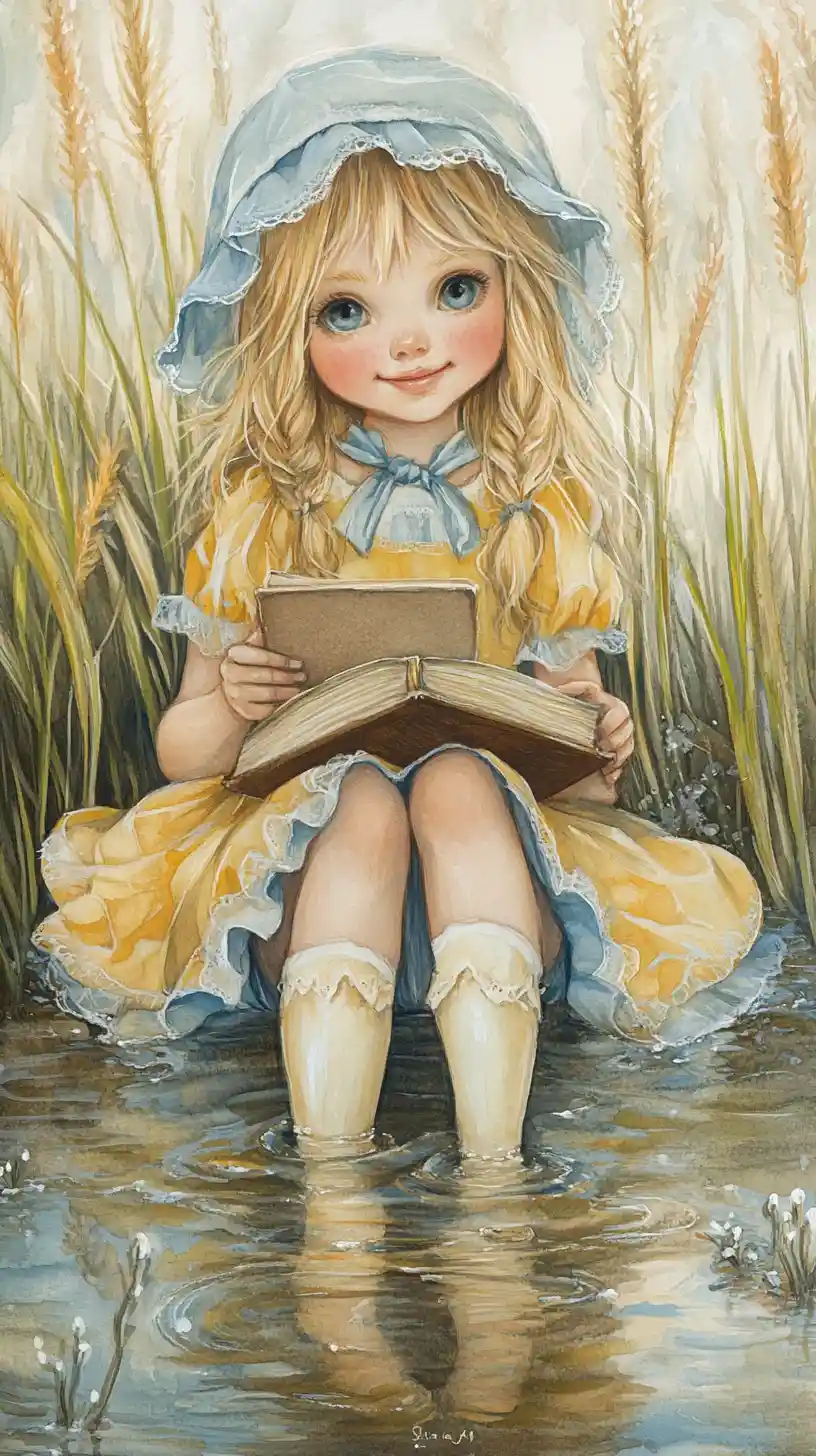 Jeune fille blonde souriante avec bonnet lisant au bord de l'eau
