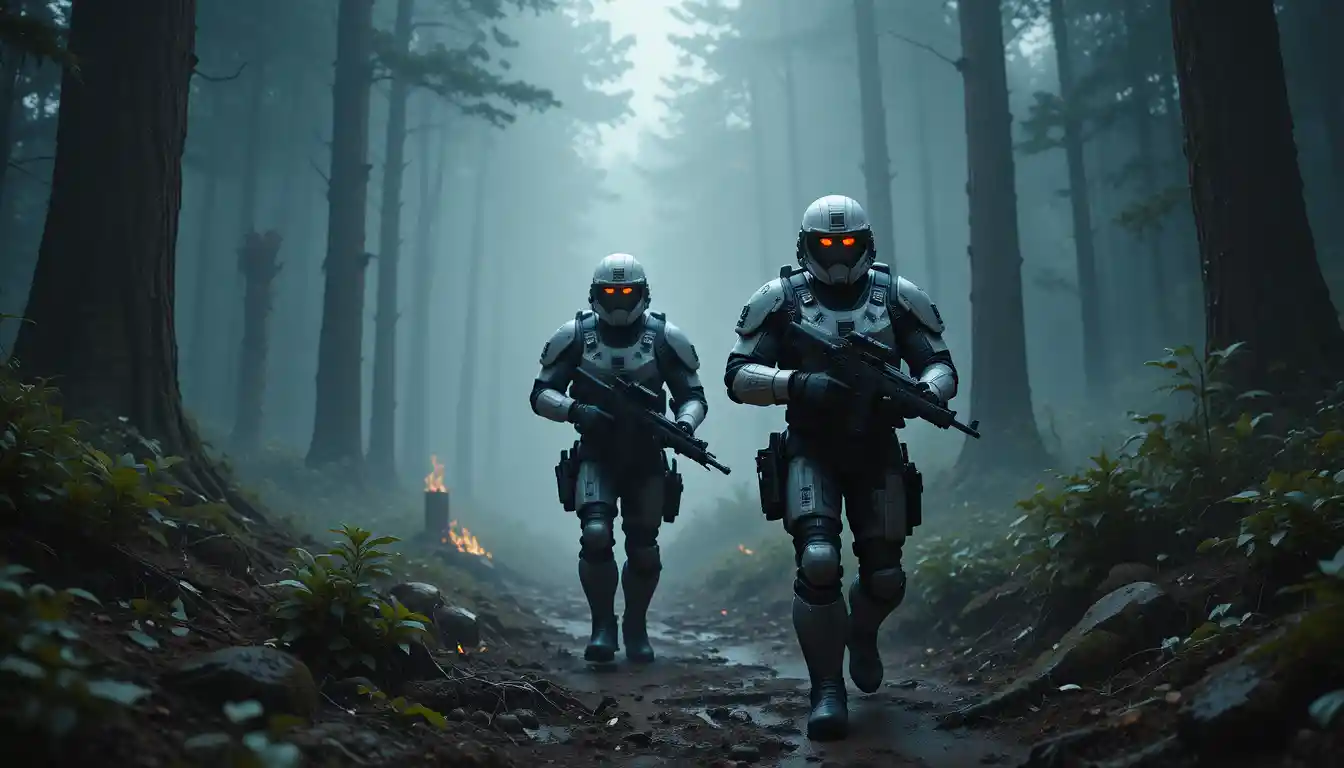 Soldati corazzati avanzano in una foresta sci‑fi nebbiosa