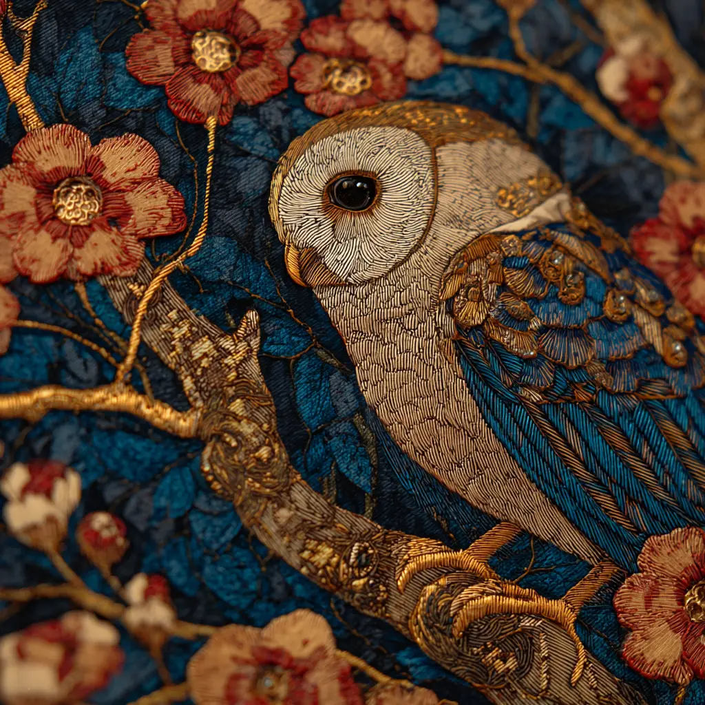 Surreal mixed media owl on a sakura tree branch