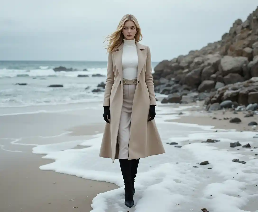 Elegant blonde woman in coat on snowy rocky shoreline