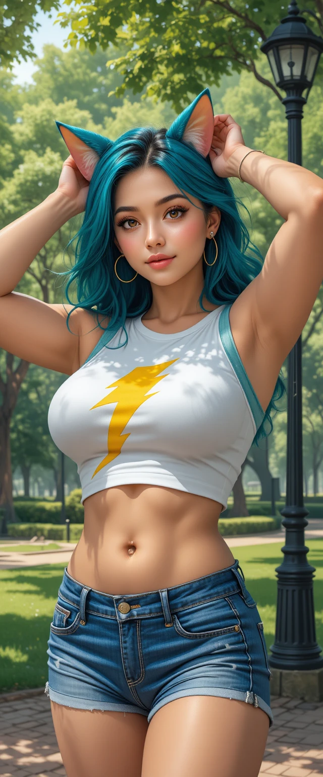 Teal haired girl relaxing in a park in casual outfit
