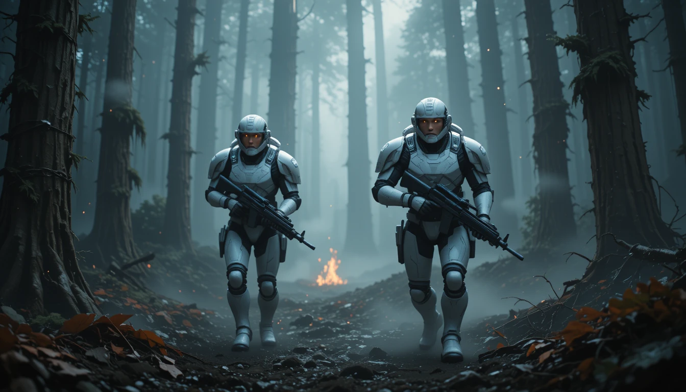 Armored sci fi soldiers advancing through misty forest
