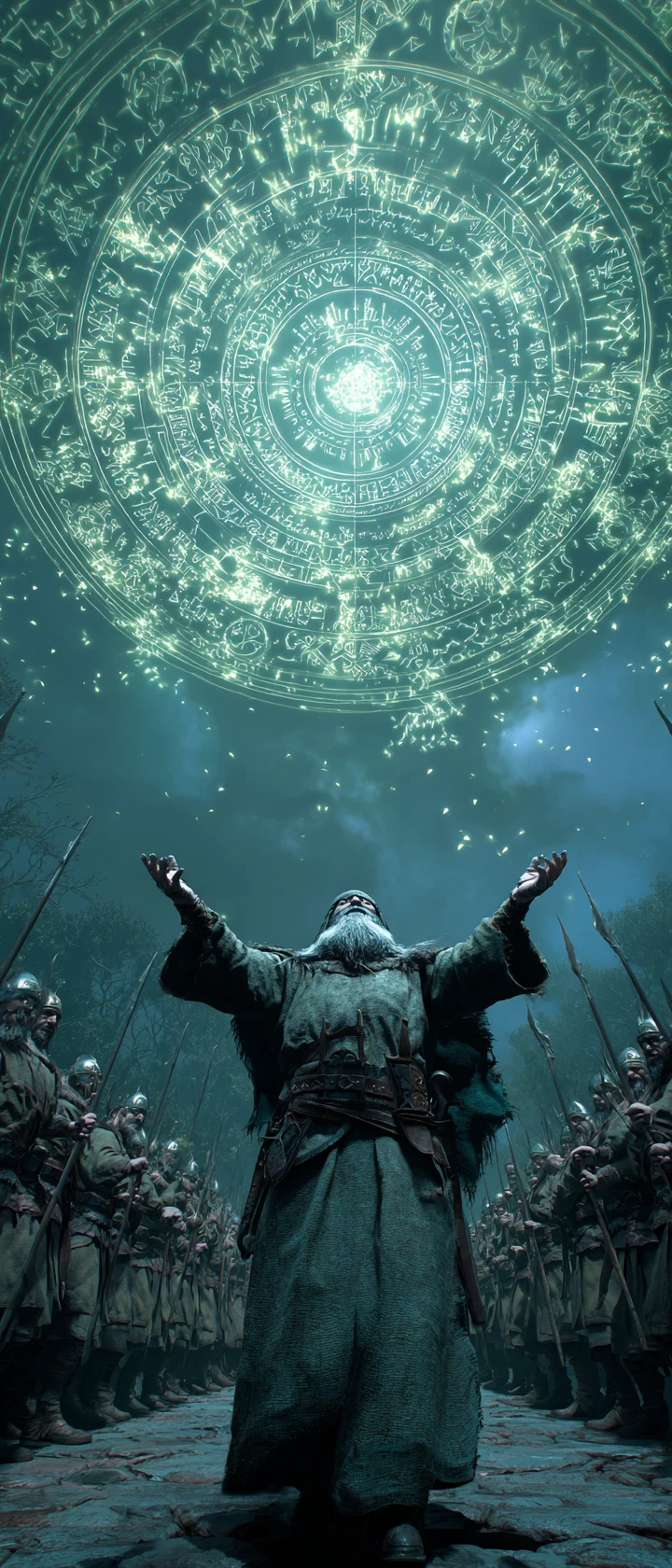 Ancien druide invoquant la magie dans un cercle de pierres au clair de lune