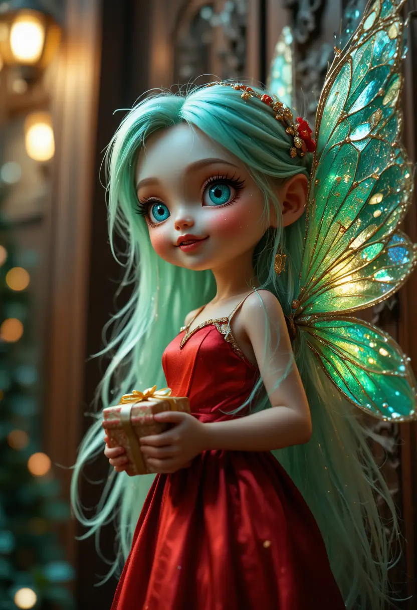 Joyful tiny fairy girl in red silk by carved door