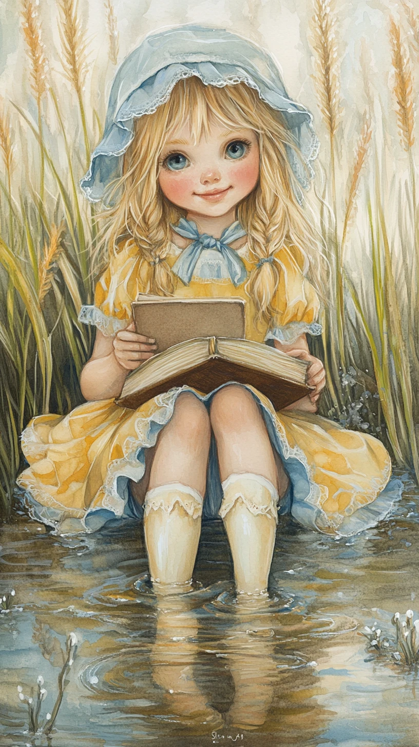 Jeune fille blonde souriante avec bonnet lisant au bord de l'eau