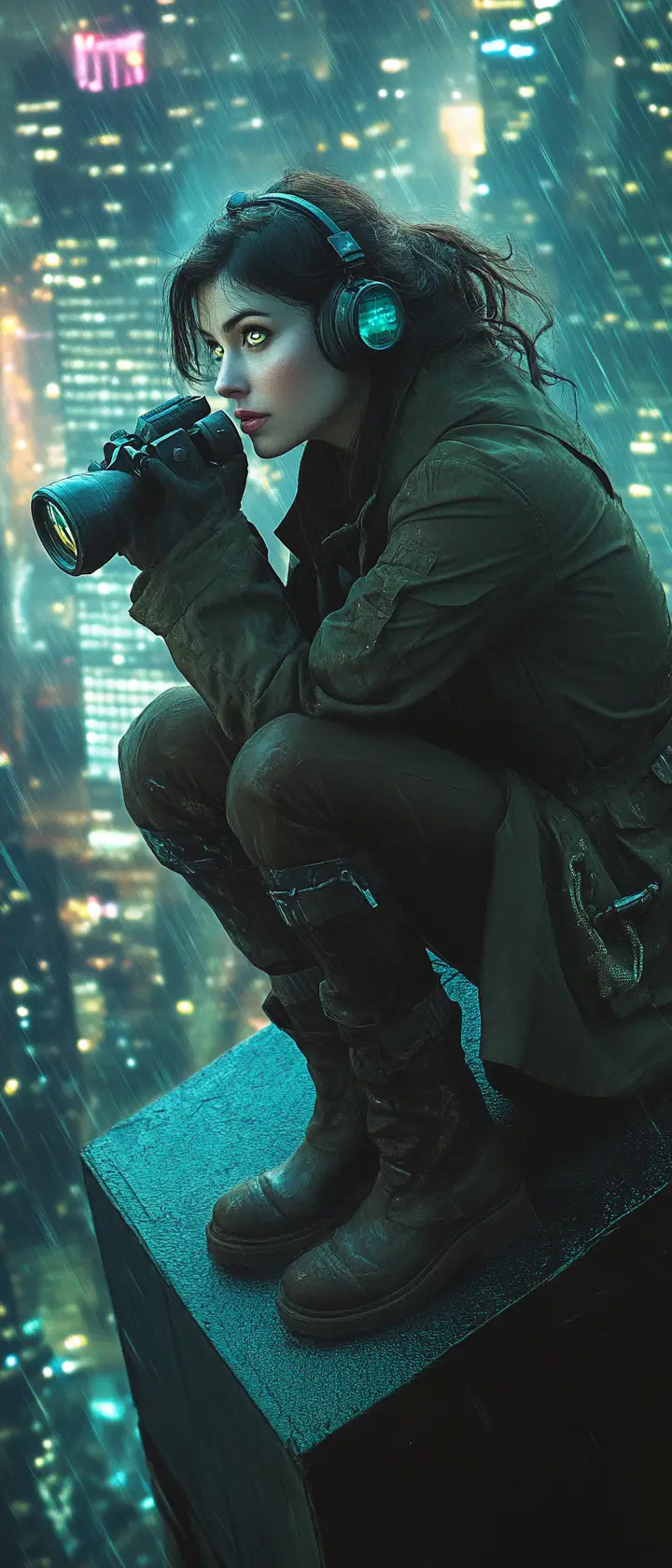 Young woman on skyscraper rooftop in rainy city night