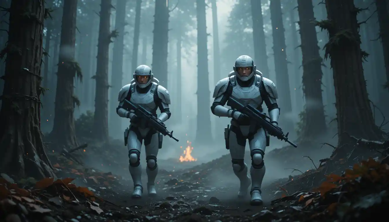 Armored sci fi soldiers advancing through misty forest