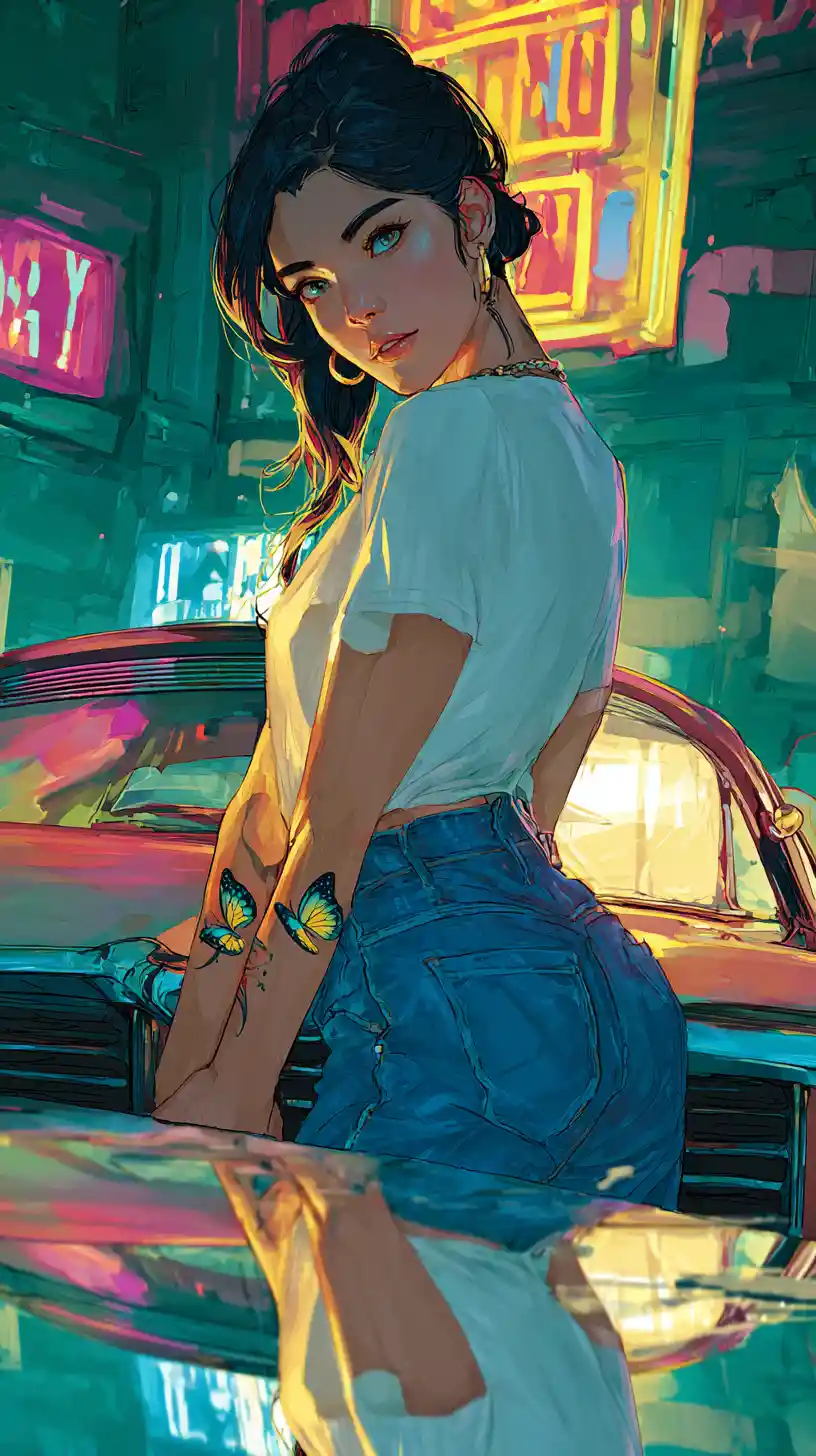 Donna latina in streetwear accanto a un'auto d'epoca al crepuscolo