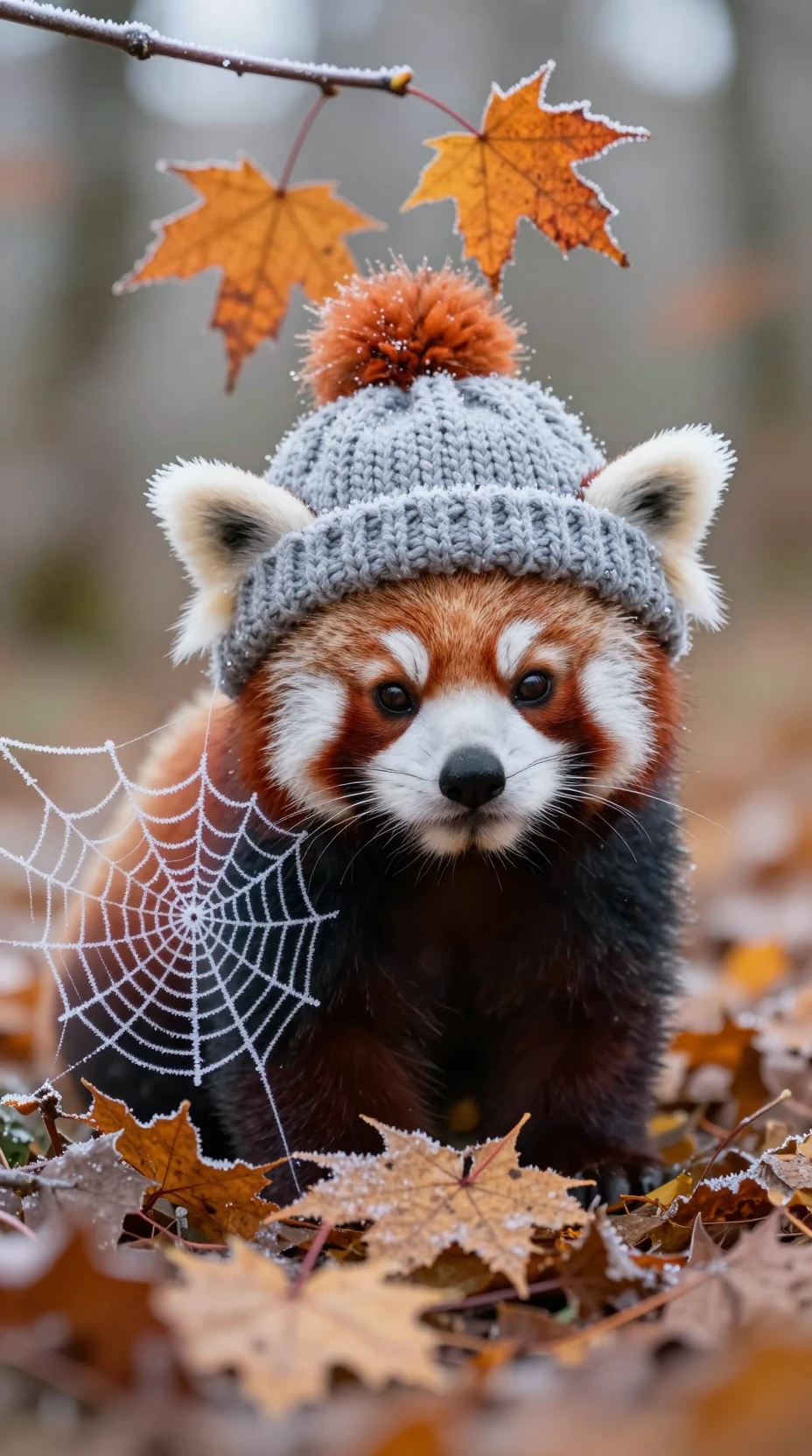 ニット帽をかぶったかわいいレッサーパンダと霜の降りた秋の落ち葉