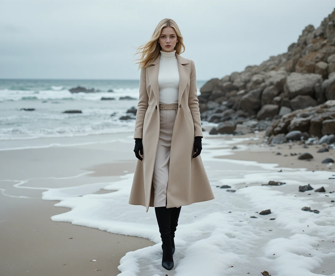 Elegant blonde woman in coat on snowy rocky shoreline