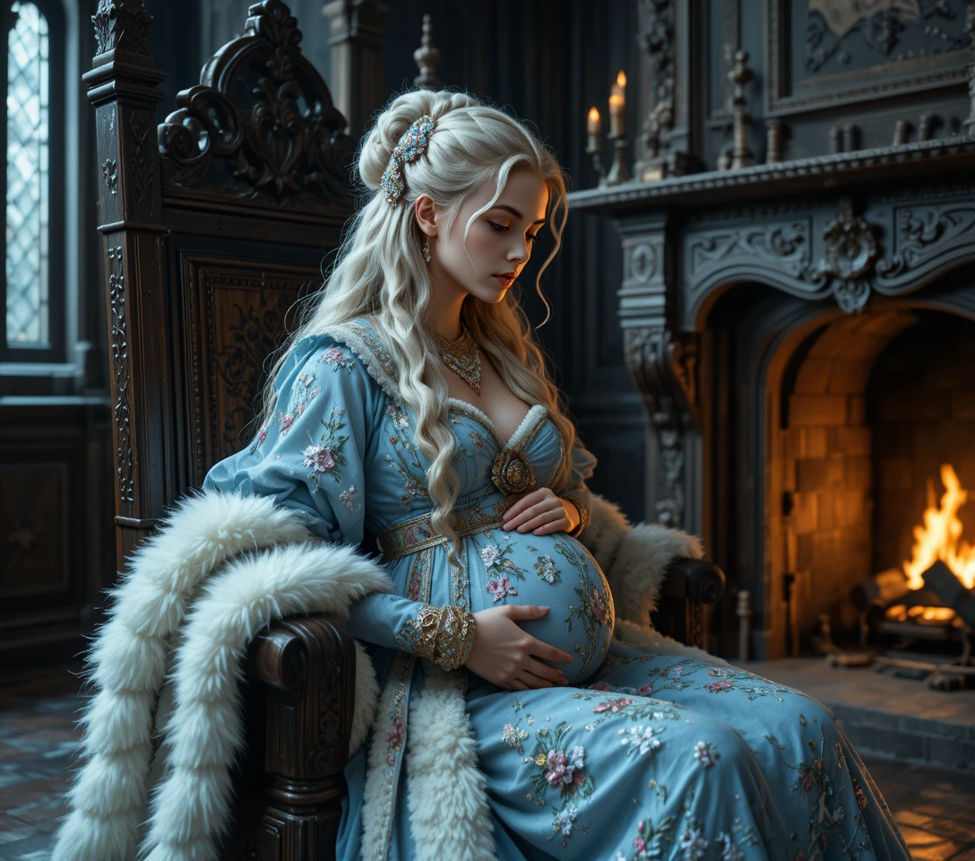 Pregnant noblewoman in a gothic palace by firelight