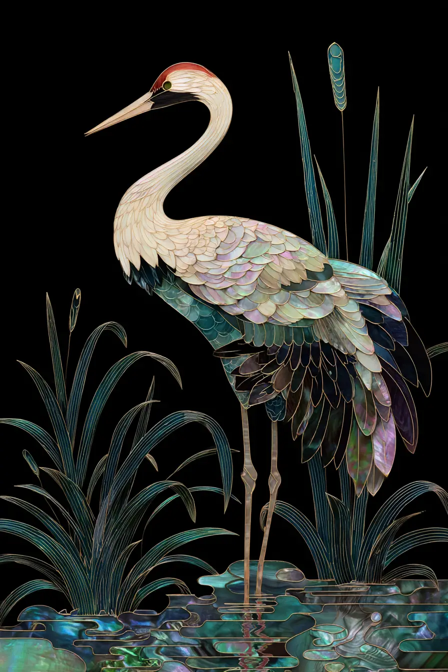 Elegant crane in mother of pearl Korean inlay art