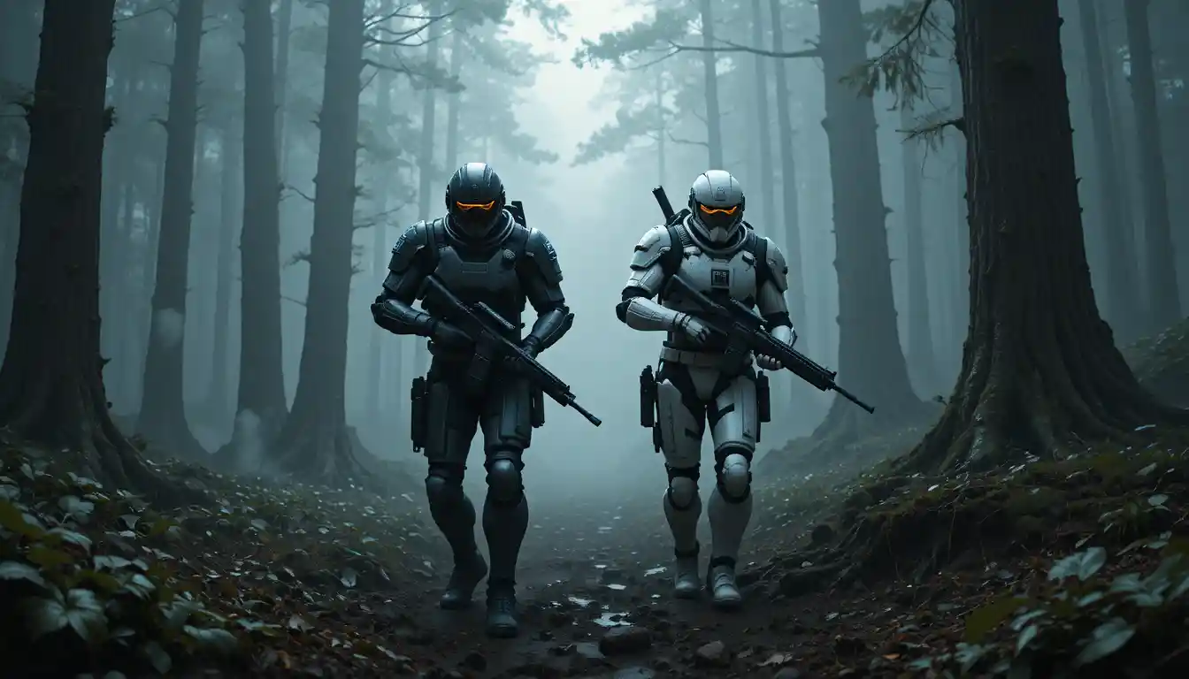 Armored soldiers move through a foggy futuristic forest