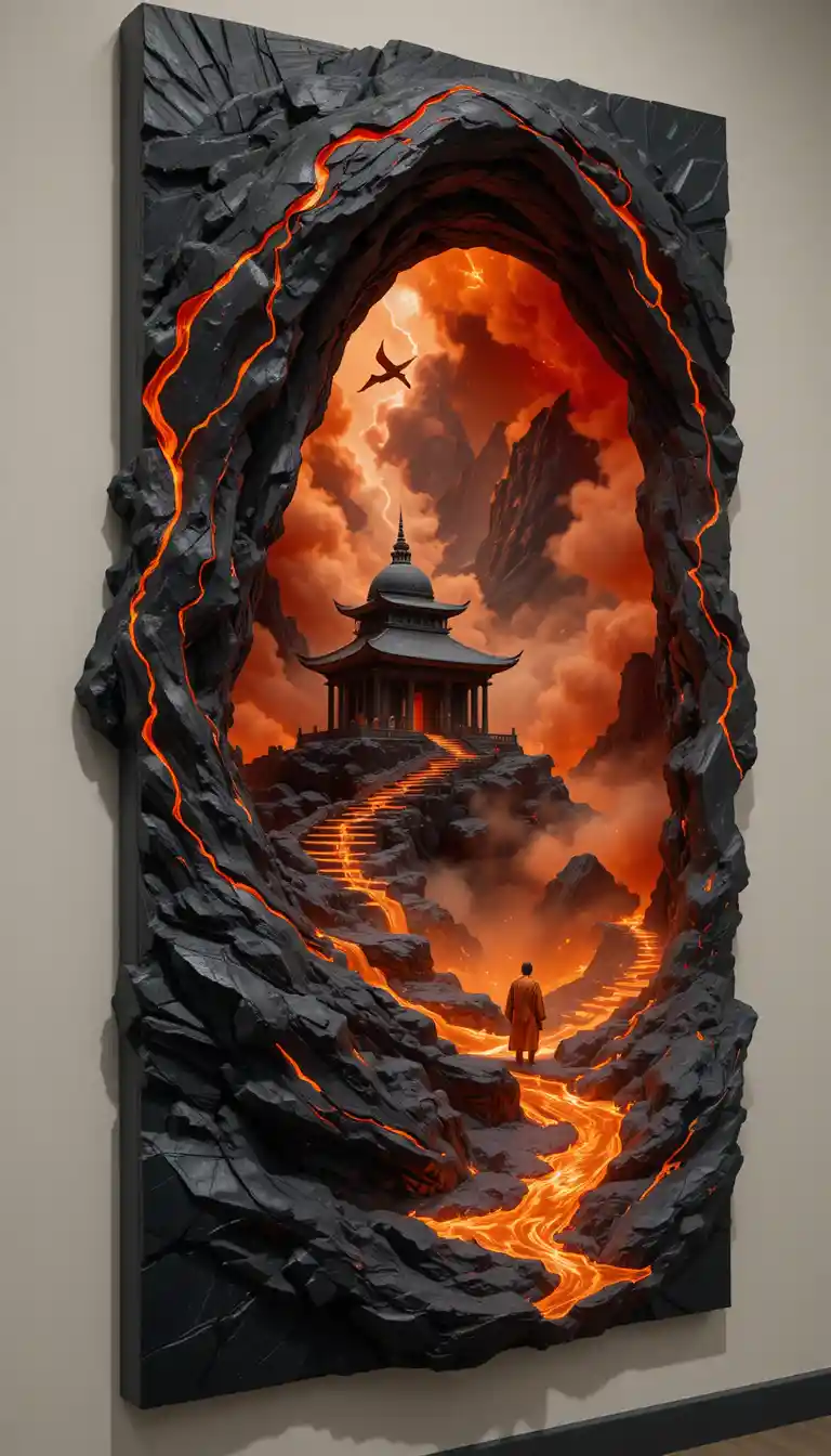 3D relief sculpture of molten lava temple on gallery wall
