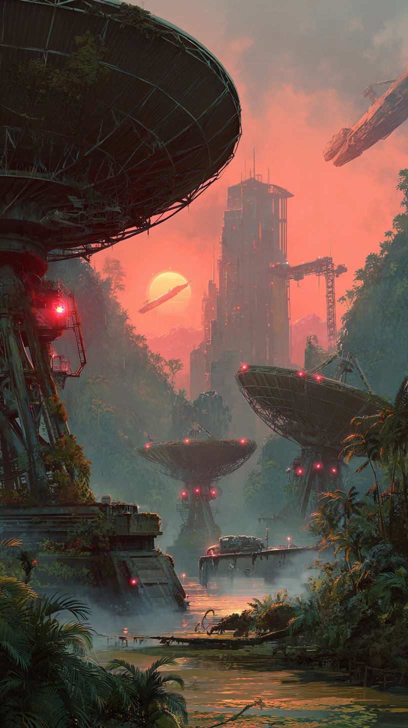 Futuristic spacecraft over decayed satellite dishes at sunset