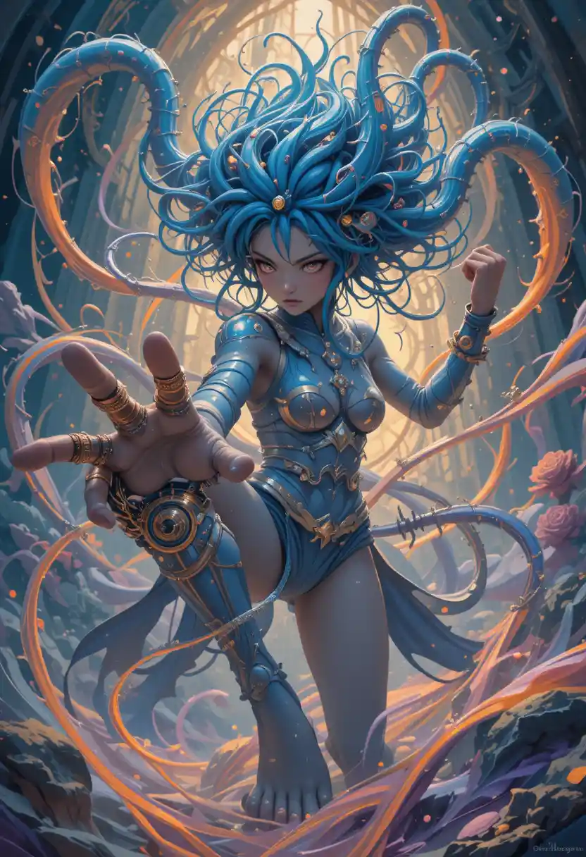 Whimsical fantasy anime girl bound in living tentacle hair