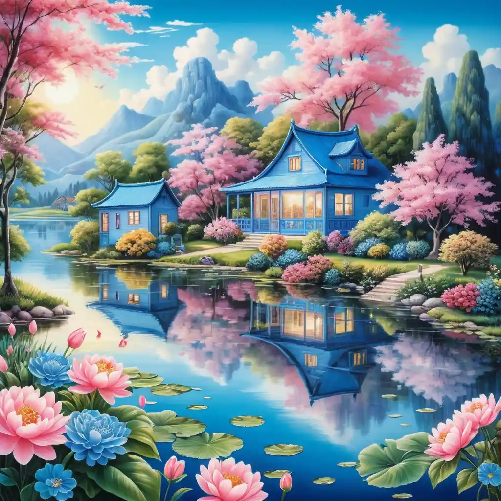 Casas Surreais à Beira do Lago em Sonho Brilhante Azul e Rosa