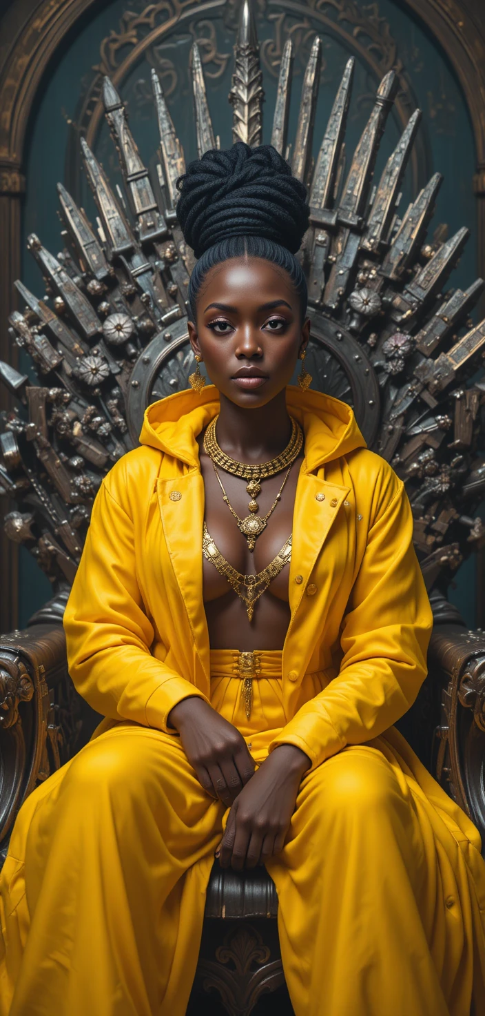 Stylish African woman rapper seated like a queen on throne