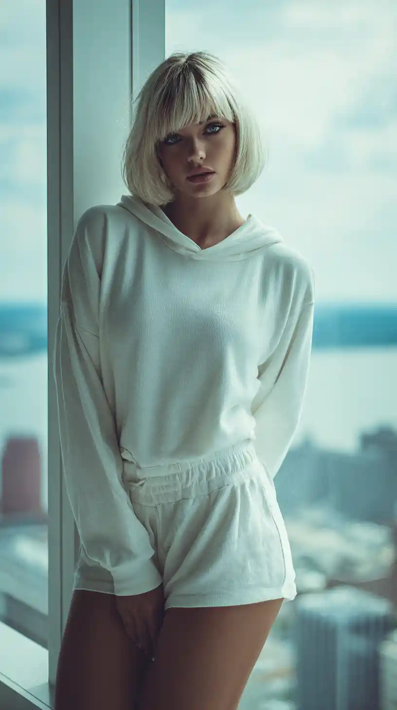 Blonde fashion model in white hoodie by city windows