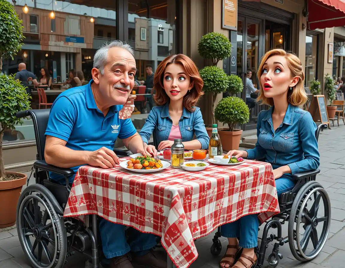 Drei Freunde an einem Picknicktisch vor einem städtischen Restaurant