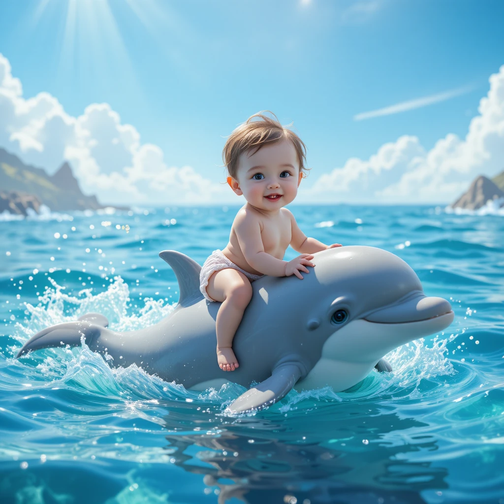 Bambino felice che cavalca un delfino amichevole sulle onde blu dell’oceano