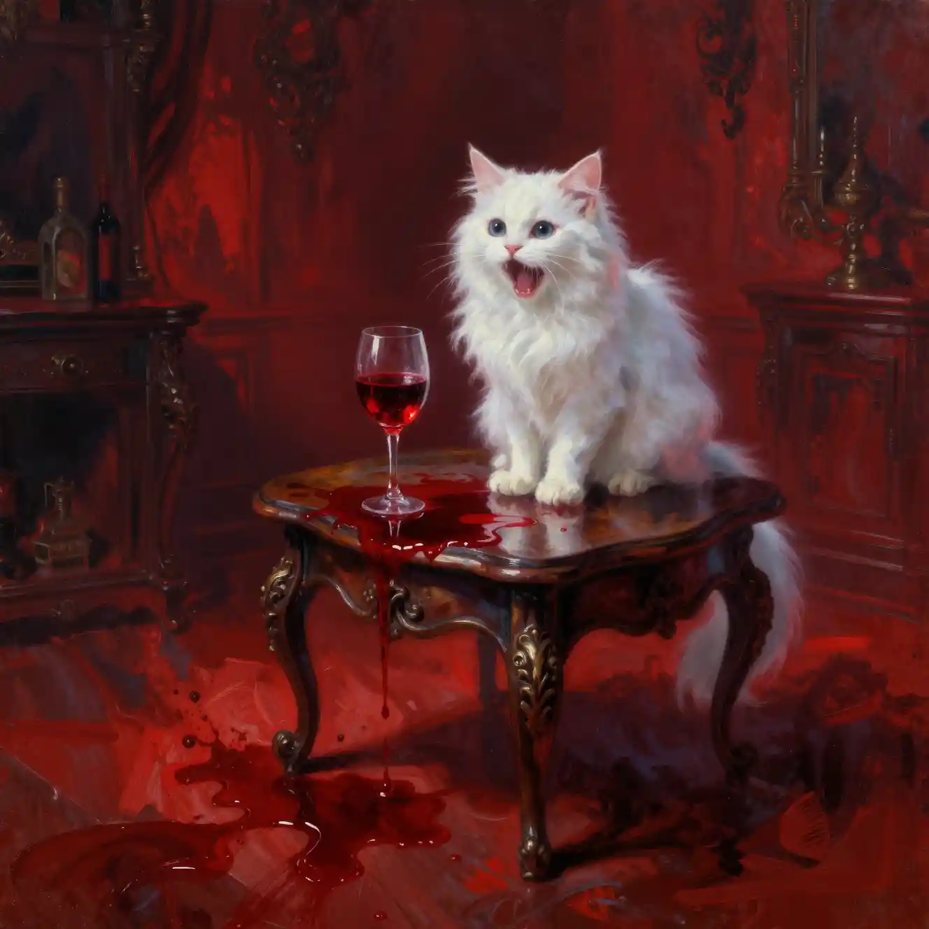 Gothic cat watching spilled red wine on dark table