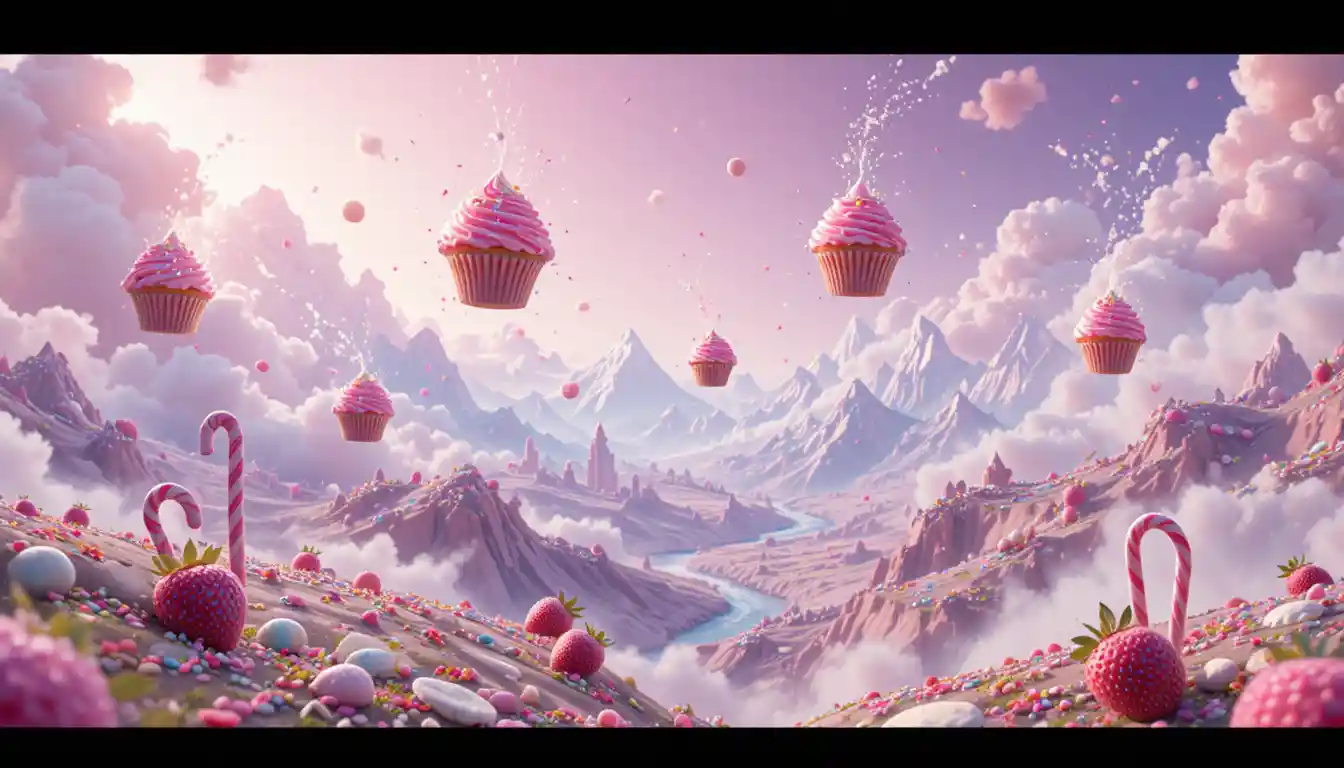 Cupcakes volants au‑dessus d’un vaste royaume magique de bonbons