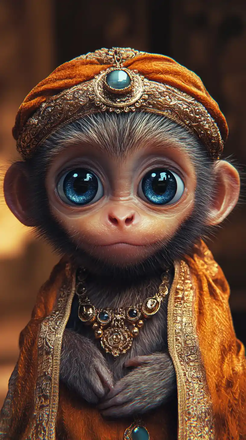 Baby monkey in ornate middle eastern royal costume