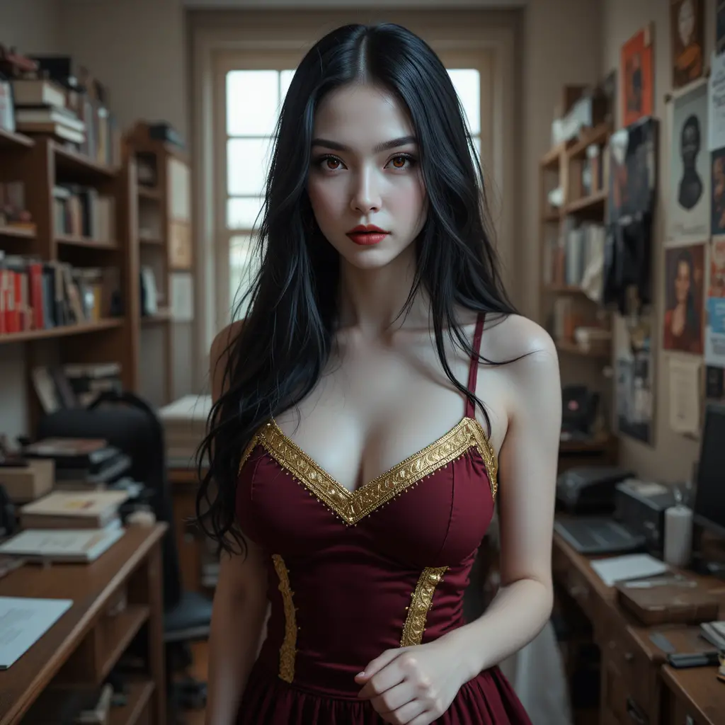 Vampirische Cheerleaderin steht in einem stimmungsvollen College‑Wohnheimzimmer