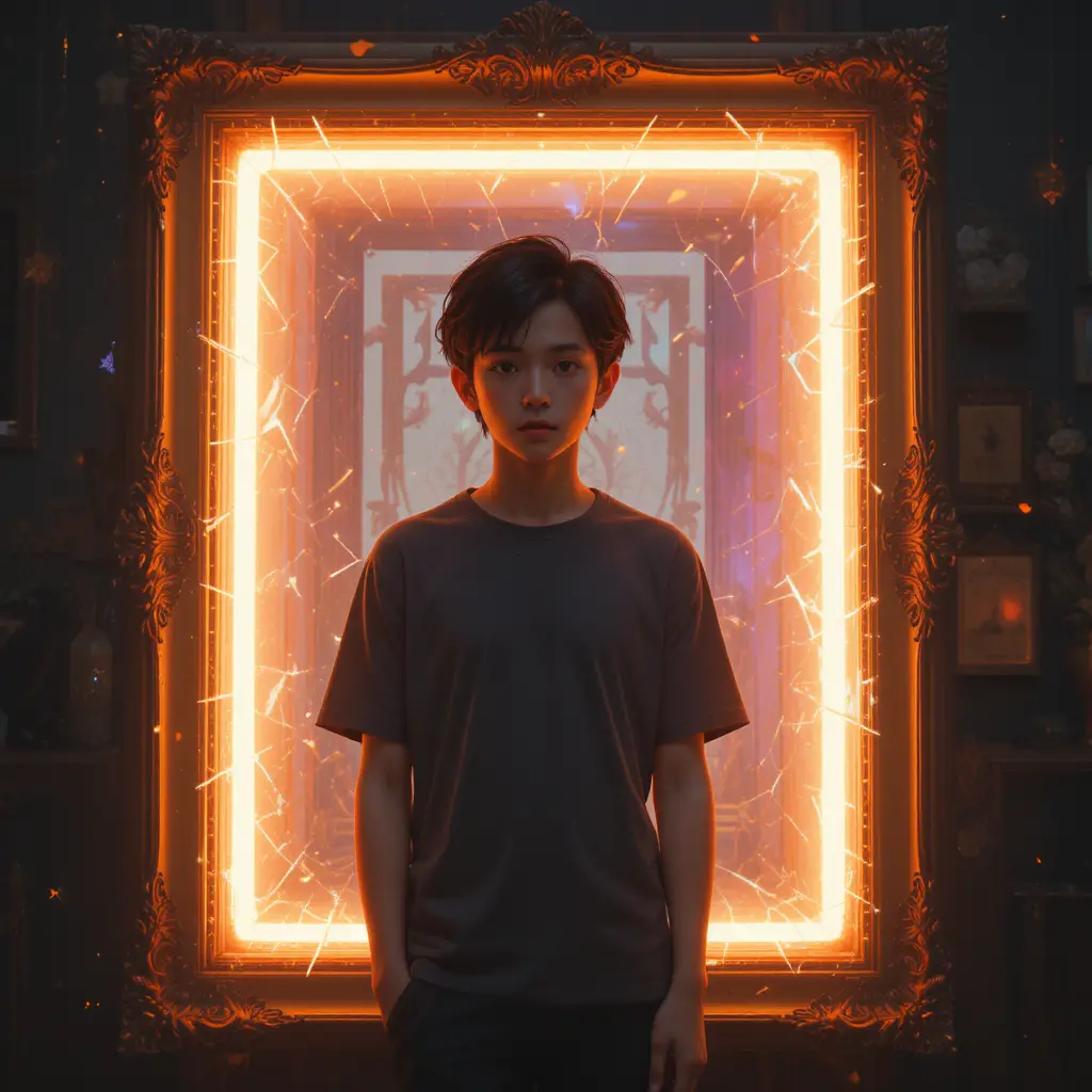 Lonely boy framed in glowing surreal prism illustration