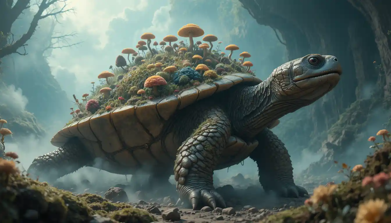 Uralte Schildkröte trägt eine üppige fantasievolle Pilzwelt