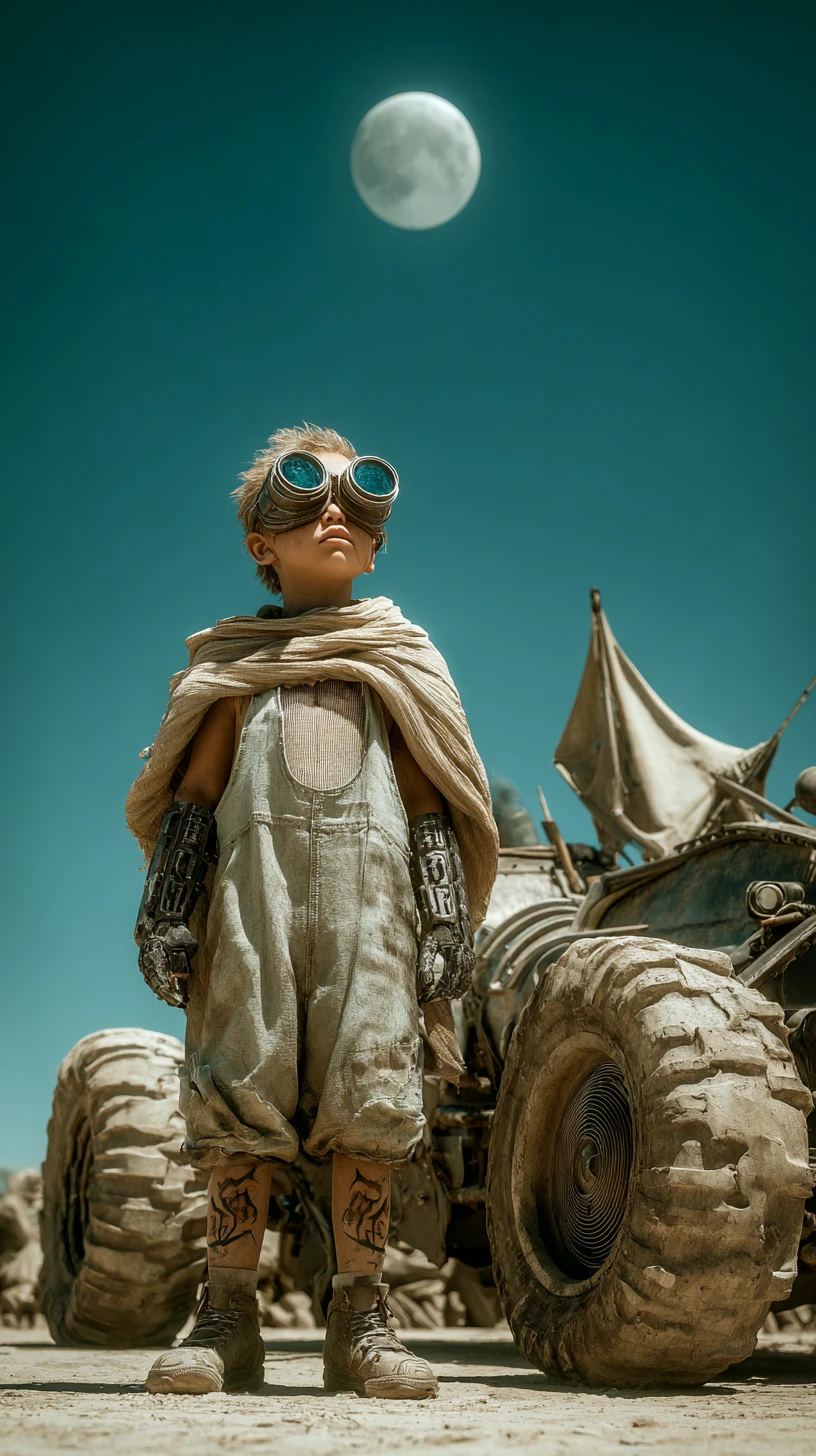 Bald man in desert camp with mechanical arm and moon