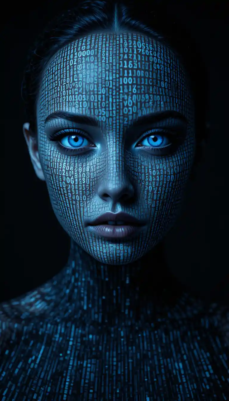 Frauenporträt aus Code in einer dunklen digitalen Leere