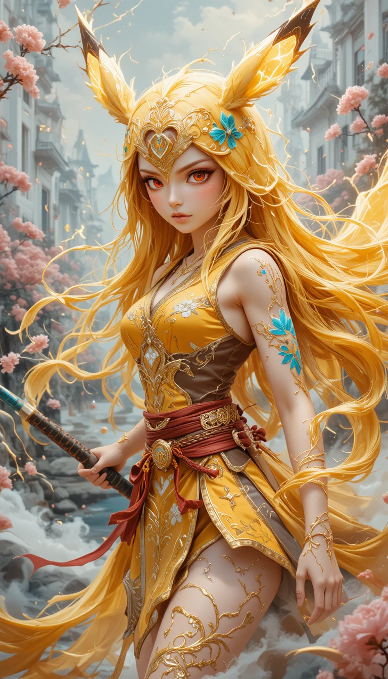 發光白色幻想宮殿前的神話女戰士