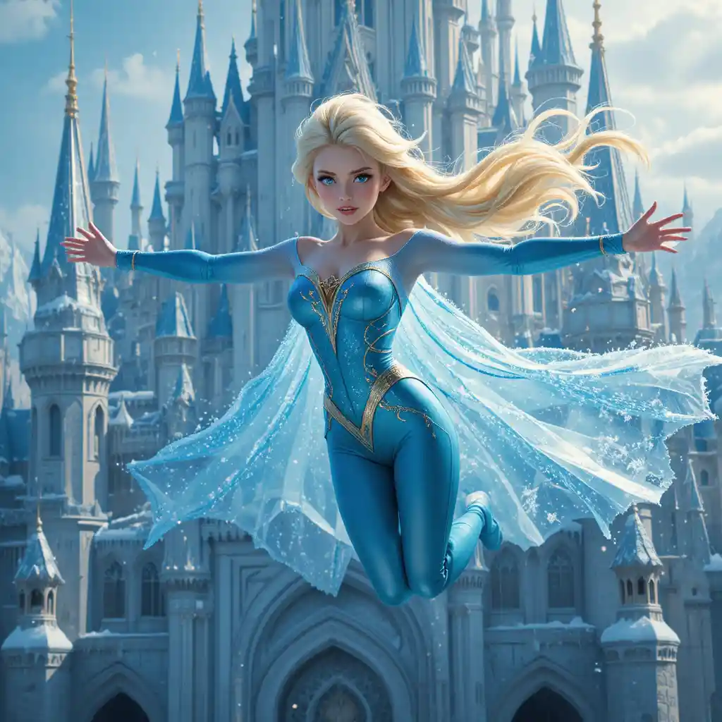 Ice queen superhero soaring from a frozen castle