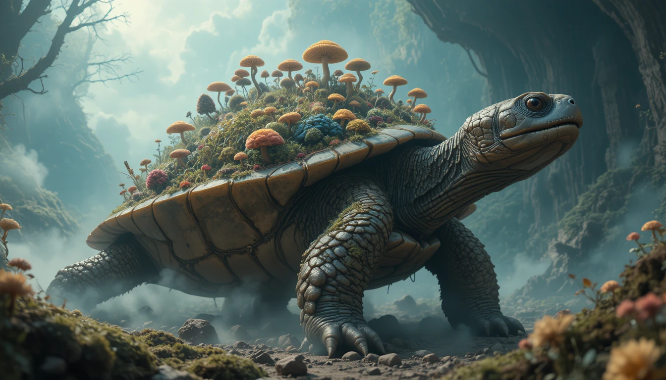 Uralte Schildkröte trägt eine üppige fantasievolle Pilzwelt