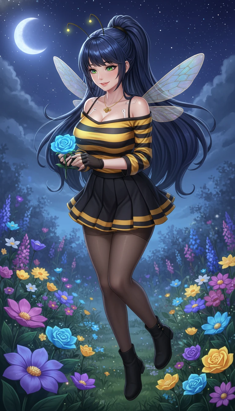 賽博蜂女在夜晚花園中飛翔