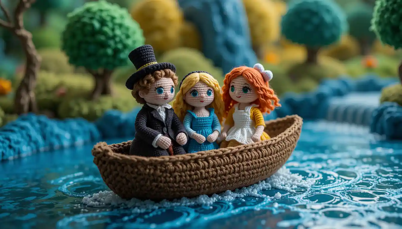 Diorama di battello fluviale all’uncinetto con cinque passeggeri amigurumi