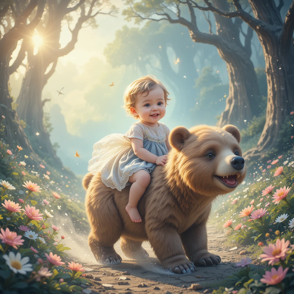 Bébé joyeux chevauchant un ours amical dans un monde fantastique