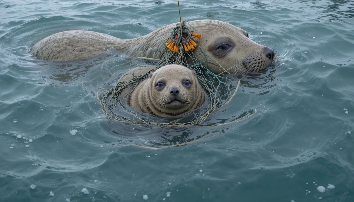 Ross seal mother and cub entangled in ocean debris