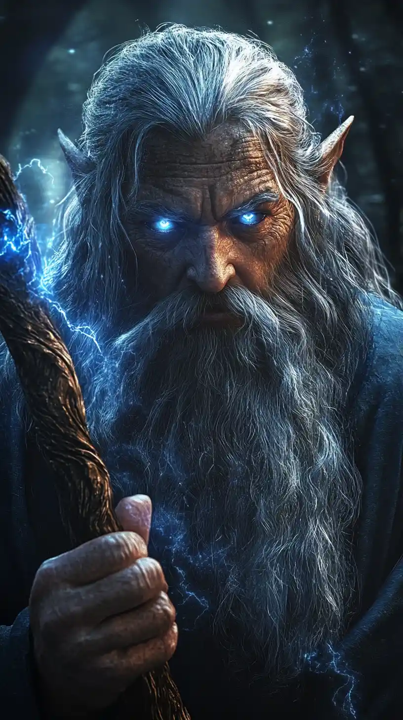 Wizard focusing arcane power through a gnarled staff