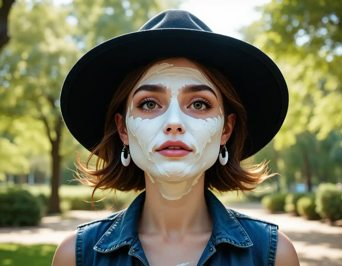 Young woman with whipped cream on face in outdoor park