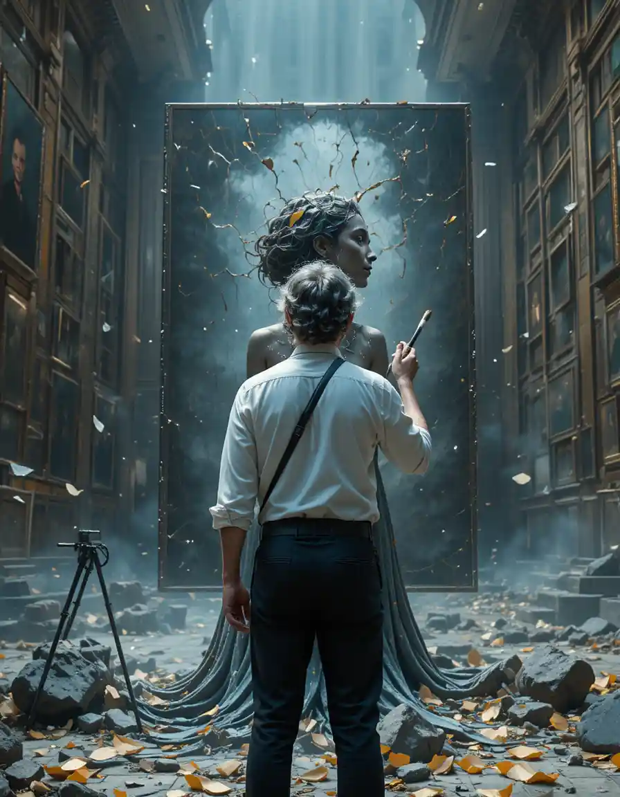 Middle aged man painting in a vast luminous hall