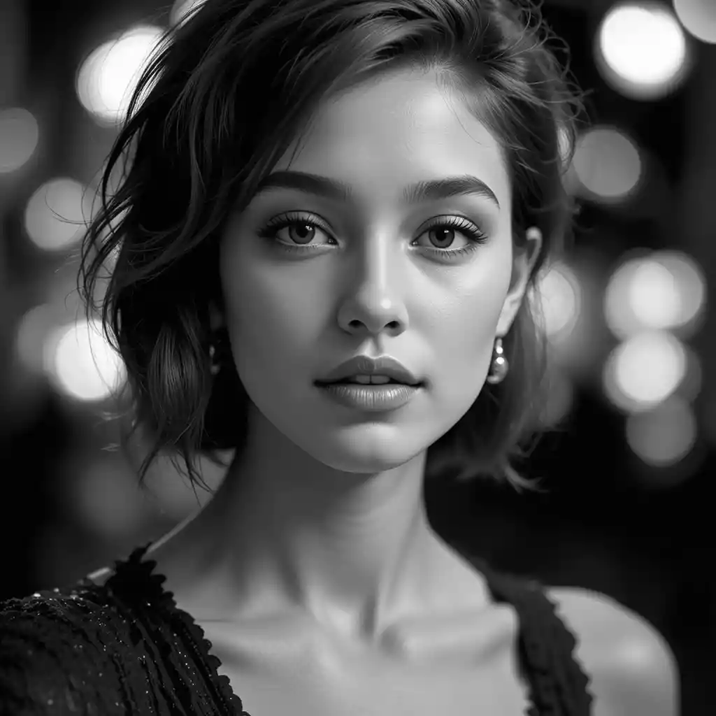 Elegant black and white close up portrait of a young woman