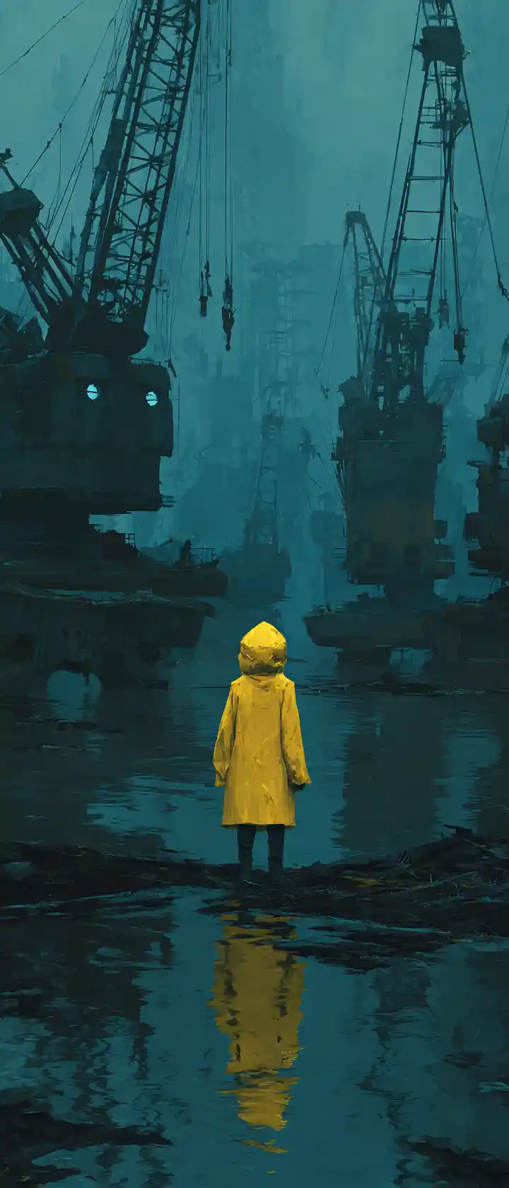 Boy In Yellow Raincoat Overlooking Flooded Quarry Ruins