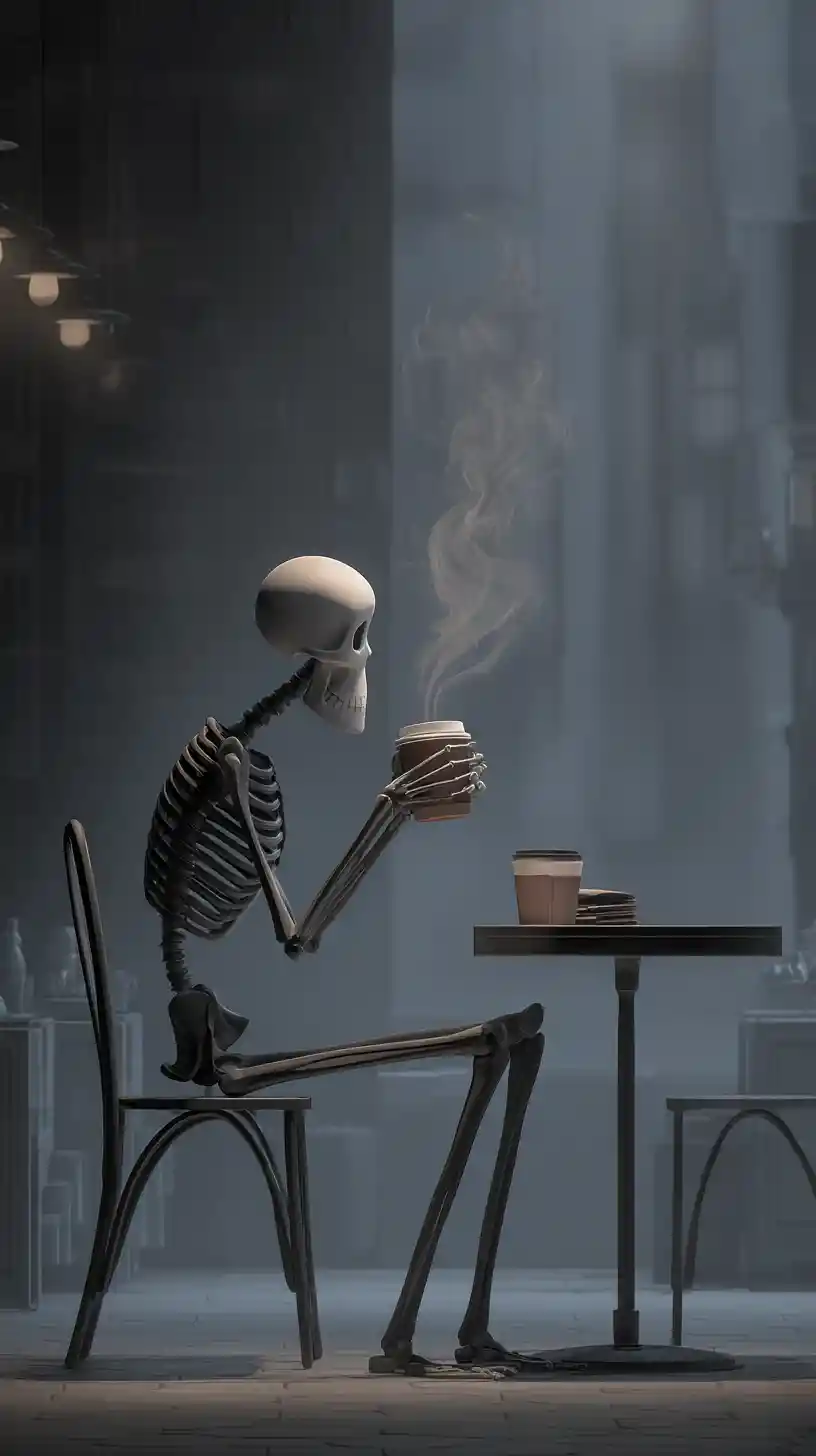 Esqueleto bebendo café sozinho em uma mesa de café minimalista